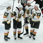 Jun 11, 2026; Raleigh, North Carolina, USA; Vegas Golden Knights right wing Pavel Dorofeyev (16) celebrates with teammates after scoring during the third period against the Carolina Hurricanes in game five of the 2026 Stanley Cup Final at Lenovo Center.