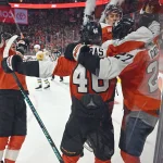Apr 22, 2026; Philadelphia, Pennsylvania, USA; Philadelphia Flyers left wing Noah Cates (27) celebrates his goal with right wing Tyson Foerster (71), center Trevor Zegras (46) and right wing Porter Martone (94) against the Pittsburgh Penguins during the third period in game three of the first round of the 2026 Stanley Cup Playoffs at Xfinity Mobile Arena. :
