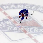 May 22, 2014; New York, NY, USA; New York Rangers left wing Rick Nash skates across the center ice logo before game three of the Eastern Conference Final of the 2014 Stanley Cup Playoffs against the Montreal Canadiens at Madison Square Garden.