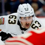Mar 6, 2026; Detroit, Michigan, USA; Florida Panthers left wing Brad Marchand (63) gets set during a face-off in the first period against the Detroit Red Wings at Little Caesars Arena. Mandatory Credit: Rick Osentoski-Imagn Images