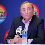 Feb 4, 2023; Sunrise, Florida, USA; NHL commissioner Gary Bettman talks to the media before the 2023 NHL All-Star Game at FLA Live Arena.