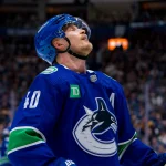 Apr 14, 2026; Vancouver, British Columbia, CAN; Vancouver Canucks forward Elias Pettersson (40) during a stop in play against the Los Angeles Kings in the third period at Rogers Arena.