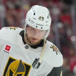 Jun 4, 2026; Raleigh, North Carolina, USA; Vegas Golden Knights left wing Ivan Barbashev (49) looks on against the Carolina Hurricanes during the third period in game two of the 2026 Stanley Cup Final at Lenovo Center. Mandatory Credit: James Guillory-Imagn Images