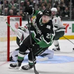 Apr 28, 2026; Dallas, Texas, USA; Dallas Stars left wing Jason Robertson (21) skates against the Minnesota Wild during the second period in game five of the first round of the 2026 Stanley Cup Playoffs at American Airlines Center. Mandatory Credit: Jerome Miron-Imagn Images