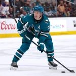 Apr 8, 2026; San Jose, California, USA; San Jose Sharks center Macklin Celebrini (71) looks to pass the puck against the Edmonton Oilers in the second period at SAP Center at San Jose. Mandatory Credit: David Gonzales-Imagn Images
