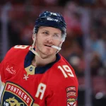 Apr 15, 2026; Sunrise, Florida, USA; Florida Panthers left wing Matthew Tkachuk (19) looks on against the Detroit Red Wings during the first period at Amerant Bank Arena.