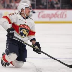Mar 3, 2026; Newark, New Jersey, USA; Florida Panthers left wing Brad Marchand (63) reacts to a penalty call against the New Jersey Devils during the second period at Prudential Center.