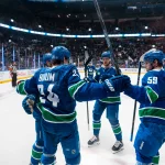 Apr 14, 2026; Vancouver, British Columbia, CAN; Vancouver Canucks defenseman Zeev Buium (24) and forward Nils Hoglander (21) and forward Elias Pettersson (40) and defenseman Kirill Kudryavtsev (59) celebrate Buium's goal against the Los Angeles Kings in the second period at Rogers Arena.