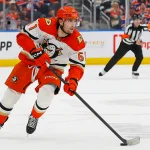Apr 28, 2026; Edmonton, Alberta, CAN; Anaheim Ducks forward Cutter Gauthier (61) carries the puck up-ice against the Edmonton Oilers in game five of the first round of the 2026 Stanley Cup Playoffs at Rogers Place.