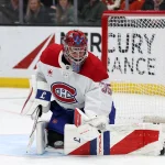 6 mars 2026 ; Anaheim, Californie, États-Unis ; le gardien des Canadiens de Montréal, Samuel Montembeault (35), effectue un arrêt en deuxième période contre les Ducks d'Anaheim au Honda Center.