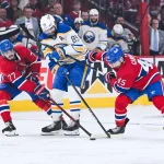 May 16, 2026; Montreal, Quebec, CAN; Montreal Canadiens center Kirby Dach (77) and defenseman Alexandre Carrier (45) defend the puck against Buffalo Sabres right wing Alex Tuch (89) during the third period in game six of the second round of the 2026 Stanley Cup Playoffs at Bell Centre.