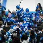 Oct 13, 2025; Vancouver, British Columbia, CAN; Fans cheer for Vancouver Canucks forward Filip Chytil (72) and forward Jonathan Lekkerimaki (23) and defenseman Elias Pettersson (25) and forward Elias Pettersson (40) as they go onto the the bench for warm up prior to a game against the St. Louis Blues at Rogers Arena.