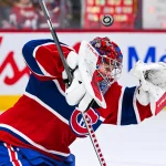 Feb 26, 2026; Montreal, Quebec, CAN; Montreal Canadiens goalie Samuel Montembeault (35) takes shots during warm-up before the game against the New York Islanders at Bell Centre.