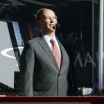 May 8, 2021; Pittsburgh, Pennsylvania, USA; NBC network NHL hockey analyst Pierre McGuire reports from between the bench before the Pittsburgh Penguins host the Buffalo Sabres at PPG Paints Arena.