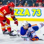 Edmonton Oilers lose scorer who signs new two-year deal outside North America Sep 28, 2022; Calgary, Alberta, CAN; Calgary Flames center Mitch McLain (75) trips Edmonton Oilers Matvei Petrov (43) during the second period at Scotiabank Saddledome. Mandatory Credit: Sergei Belski-USA TODAY Sports