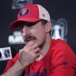 May 18, 2025; Toronto, Ontario, CAN; Florida Panthers forward Brad Marchand (63) talks to the media during the post game media conference following game seven of the second round of the 2025 Stanley Cup Playoffs against the Toronto Maple Leafs at Scotiabank Arena.