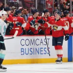 Mar 24, 2026; Sunrise, Florida, USA; Florida Panthers left wing Nolan Foote (25) celebrates after scoring against the Seattle Kraken during the second period at Amerant Bank Arena. Mandatory Credit: Sam Navarro-Imagn Images