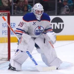 Apr 8, 2026; San Jose, California, USA; Edmonton Oilers goalie Connor Ingram (39) defends the goal against the San Jose Sharks during the second period at SAP Center at San Jose.