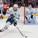 Feb 26, 2026; Sunrise, Florida, USA; Toronto Maple Leafs center Auston Matthews (34) moves the puck against the Florida Panthers during the first period at Amerant Bank Arena.