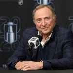 Apr 24, 2026; Salt Lake City, Utah, USA; NHL commissioner Gary Bettman speaks to the media before game three of the first round of the 2026 Stanley Cup Playoffs between the Utah Mammoth and the Vegas Golden Knights at Delta Center.