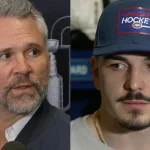 Arber Xhekaj, défenseur du Canadien de Montréal, et Martin St-Louis, entraîneur-chef du Canadien de Montréal, en conférence de presse devant les médias.