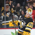 Sep 27, 2025; Pittsburgh, Pennsylvania, USA; Pittsburgh Penguins goaltender Marc-Andre Fleury (29) acknowledges the crowd after playing in his final NHL game against the Columbus Blue Jackets at PPG Paints Arena.