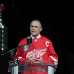 Steve Yzerman talks to fans about the 1997-98 Stanley Cup run during a ceremony honoring that championship run Saturday, Nov. 5, 2022, at Little Caesars Arena.