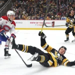 Montreal Canadiens are officially listening to trade offers on rising defenseman Dec 21, 2025; Pittsburgh, Pennsylvania, USA; Pittsburgh Penguins right wing Rutger McGroarty (prone) is tripped by Montréal Canadiens defenseman Adam Engstrom (42) during the first period at PPG Paints Arena. Mandatory Credit: Charles LeClaire-Imagn Images