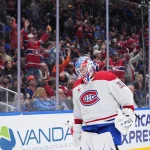 12 avril 2026 ; Elmont, État de New York, États-Unis ; le gardien de but des Canadiens de Montréal, Jacob Fowler (32), après le but marqué par son équipe en deuxième période contre les Islanders de New York à l'UBS Arena.