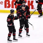 Apr 7, 2026; Ottawa, Ontario, CAN; Ottawa Senators left wing Fabian Zetterlund (20) celebrates scoring a goal with left wing Brady Tkachuk (7) against the Tampa Bay Lightning during the third period at Canadian Tire Centre.
