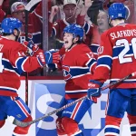 Kent Hughes reçoit une excellente nouvelle et c'est prometteur pour le Canadien 26 avril 2026 ; Montréal, Québec, Canada ; L\'ailier droit des Canadiens de Montréal, Cole Caufield (13), célèbre avec le centre Nick Suzuki (14) et l\'ailier gauche Juraj Slafkovsky (20) son but marqué face au Lightning de Tampa Bay au cours de la deuxième période du quatrième match du premier tour des séries éliminatoires de la Coupe Stanley 2026, au Centre Bell.