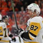 Apr 22, 2026; Philadelphia, Pennsylvania, USA; Pittsburgh Penguins center Sidney Crosby (87) skates off the ice after loss to the Philadelphia Flyers in game three of the first round of the 2026 Stanley Cup Playoffs at Xfinity Mobile Arena.