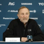 Feb 12, 2026; Milan, Italy; NHL commissioner Gary Bettman at a men's ice hockey press conference during the Milano Cortina 2026 Olympic Winter Games at Milano Santagiulia Ice Hockey Arena.