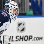 Apr 9, 2026; St. Louis, Missouri, USA; Winnipeg Jets goaltender Connor Hellebuyck (37) looks on during the second period against the St. Louis Blues at Enterprise Center.