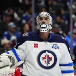 Mar 28, 2026; Denver, Colorado, USA; Winnipeg Jets goaltender Connor Hellebuyck (37) during the second period against the Colorado Avalanche at Ball Arena.