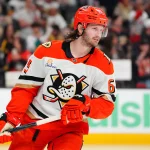 May 6, 2026; Las Vegas, Nevada, USA; Anaheim Ducks defenseman Jacob Trouba (65) warms up before the start of game two against the Vegas Golden Knights in the second round of the 2026 Stanley Cup Playoffs at T-Mobile Arena. Mandatory Credit: Stephen R. Sylvanie-Imagn Images