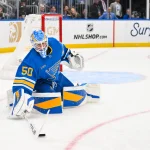 Apr 9, 2026; St. Louis, Missouri, USA; St. Louis Blues goaltender Jordan Binnington (50) defends the net against the Winnipeg Jets during the third period at Enterprise Center.