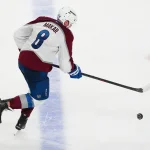 May 24, 2026; Las Vegas, Nevada, USA; Colorado Avalanche defenseman Cale Makar (8) skates with the puck during the third period against the Vegas Golden Knights in game three of the Western Conference Final of the 2026 Stanley Cup Playoffs at T-Mobile Arena. Mandatory Credit: Stephen R. Sylvanie-Imagn Images