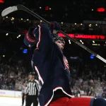 Dec 16, 2025; Columbus, Ohio, USA; Columbus Blue Jackets center Adam Fantilli (19) celebrates his goal against the Anaheim Ducks during overtime at Nationwide Arena. Mandatory Credit: Russell LaBounty-Imagn Images