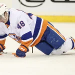 Sep 26, 2023; New York, New York, USA; New York Islanders forward Matthew Maggio (48) attempts to get up after an injury in the first period against the New York Rangers at Madison Square Garden. Mandatory Credit: Wendell Cruz-USA TODAY Sports