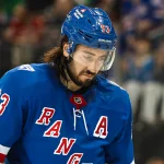 Apr 4, 2026; New York, New York, USA; New York Rangers center Mika Zibanejad (93) skates during the second period against the Detroit Red Wings at Madison Square Garden.