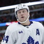 Nov 15, 2025; Chicago, Illinois, USA; Toronto Maple Leafs defenseman Morgan Rielly (44) reacts during the first period at United Center.
