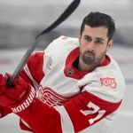 Jan 21, 2026; Toronto, Ontario, CAN; Detroit Red Wings forward Dylan Larkin (71) warms up before playing the Toronto Maple Leafs at Scotiabank Arena.