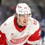 Jan 21, 2026; Toronto, Ontario, CAN; Detroit Red Wings defenseman Simon Edvinsson (77) waits for play to resume after a time out against the Toronto Maple Leafs in the third period at Scotiabank Arena. Mandatory Credit: Dan Hamilton-Imagn Images