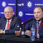 Nov 8, 2022; Winnipeg, Manitoba, CAN; NHL Commisioner Gary Bettman and Deputy Commisioner Bill Daly address the media before a game against the Winnipeg Jets and Dallas Stars at Canada Life Centre.