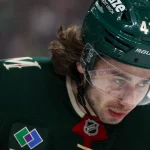 Apr 22, 2026; Saint Paul, Minnesota, USA; Minnesota Wild defenseman Quinn Hughes (43) looks on during the first period in game three of the first round of the 2026 Stanley Cup Playoffs against the Dallas Stars at Grand Casino Arena. Mandatory Credit: Matt Krohn-Imagn Images