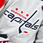 Dec 7, 2024; Montreal, Quebec, CAN; View of a Washington Capitals logo on a jersey worn by a member of the team during the second period at Bell Centre.