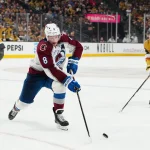 May 26, 2026; Las Vegas, Nevada, USA; Colorado Avalanche defenseman Cale Makar (8) controls the puck during the second period against the Vegas Golden Knights in game four of the Western Conference Final of the 2026 Stanley Cup Playoffs at T-Mobile Arena.