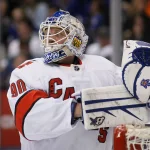 Feb 22, 2020; Toronto, Ontario, CAN; Carolina Hurricanes emergency goaltender David Ayres (90) during a break in the action against the Toronto Maple Leafs at Scotiabank Arena. Carolina defeated Toronto. Mandatory Credit: John E. Sokolowski-USA TODAY Sports