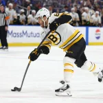 Apr 28, 2026; Buffalo, New York, USA; Boston Bruins right wing David Pastrnak (88) takes a shot on goal during the first period against the Buffalo Sabres in game five of the first round of the 2026 Stanley Cup Playoffs at KeyBank Center.